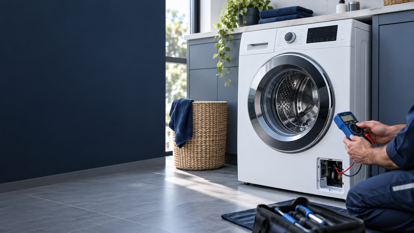 Modern front-loading washing machine in a clean laundry